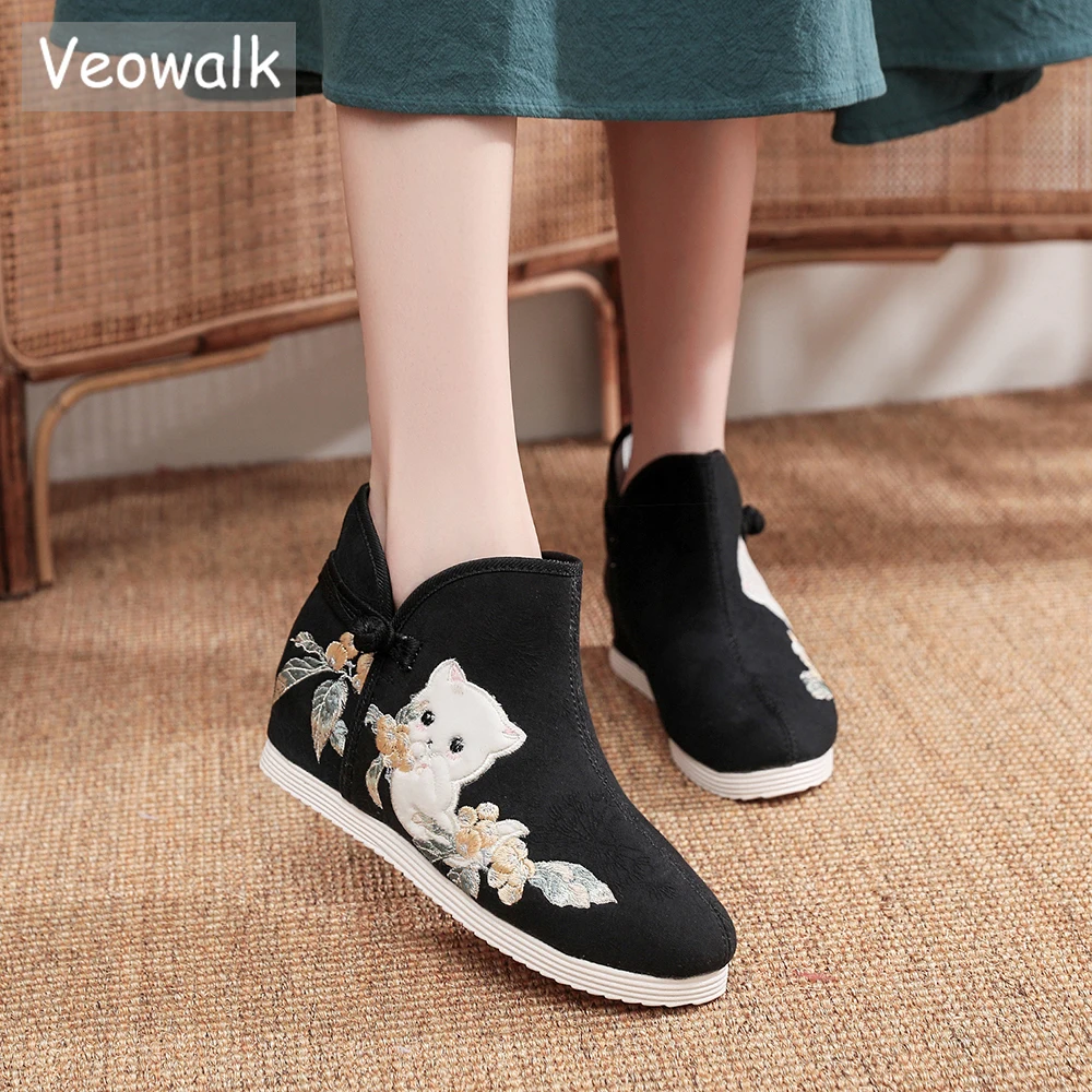 Veowalk Animal Embroidered Autumn Women Cotton Short  Ankle Boots Comfortable Ladies Flat Booties Shoes Black Grey White Pink