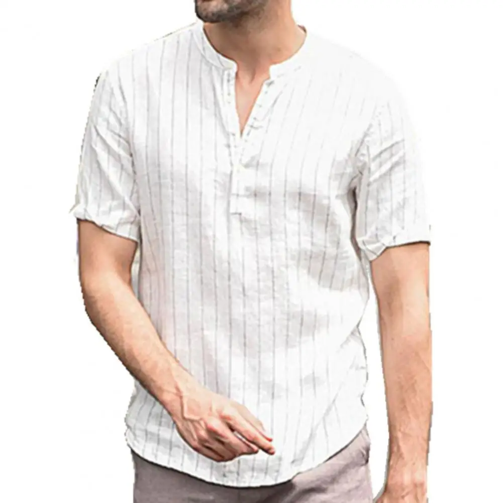 2021 Men\'s Shirt New Linen Short Sleeve Mens Shirts Summer Striped Slim Stand Collar Shirt Male Clothes Plus Size Casual Shirt