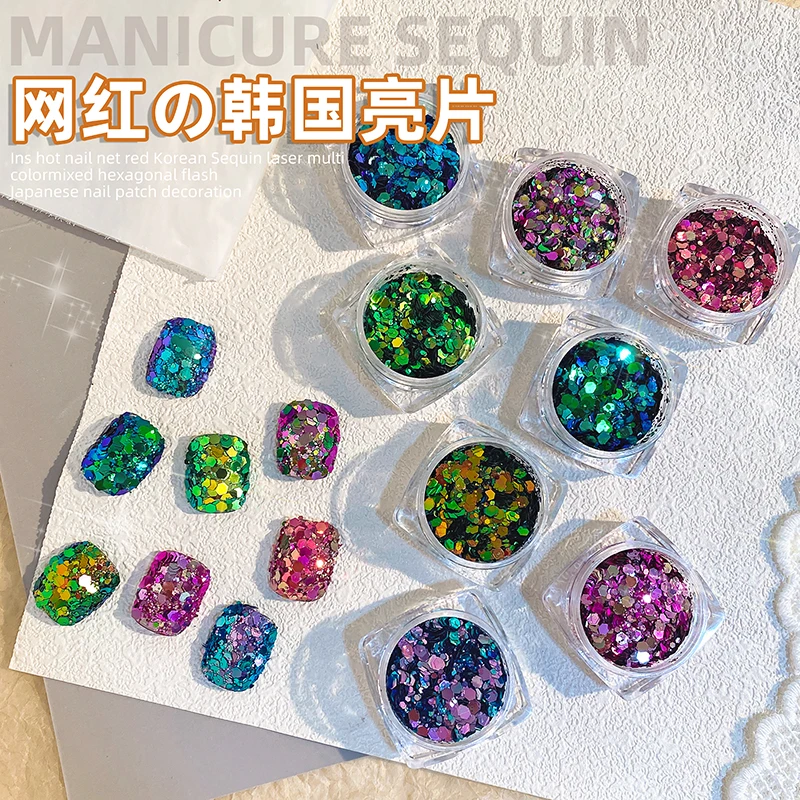 

Hexag Holographic Nail Art Sequins Set Laser Colorful Round Ultrathin Glitter Nail Flakes Slices Shining DIY Manicure Decoration