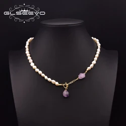GLSEEVO Natural Freshwater Pearl Adjustable Amethyst Necklace Women's Wedding Sweater Chain Luxury Jewelry GN0296