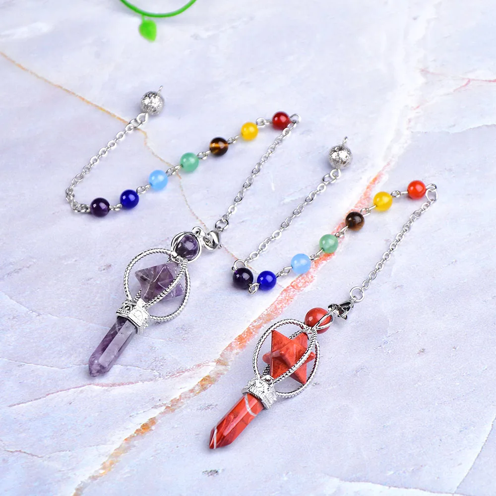 Natural Crystal Merkaba PendulumFashion Rose Quartz Lazuli Pendant Crystal Wand Colourful chain Wicca For Men Women Jewelry gift