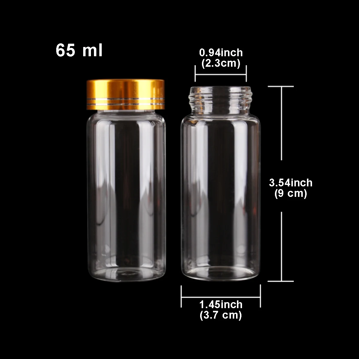 3pcs 65ml 37*90mm Glass Candy bottles Perfume Bottles with Golden Lids Storage Jars Pill Container Glass Refillable Bottles