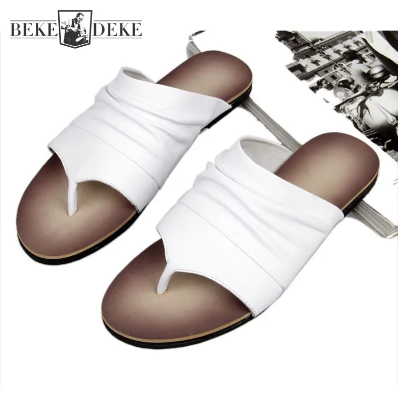 Fashion Summer Mens New Flip Flop Sandals Cow Genuine Leather Slip On Beach Slippers Vintage Flats Sandals Shoes White Black
