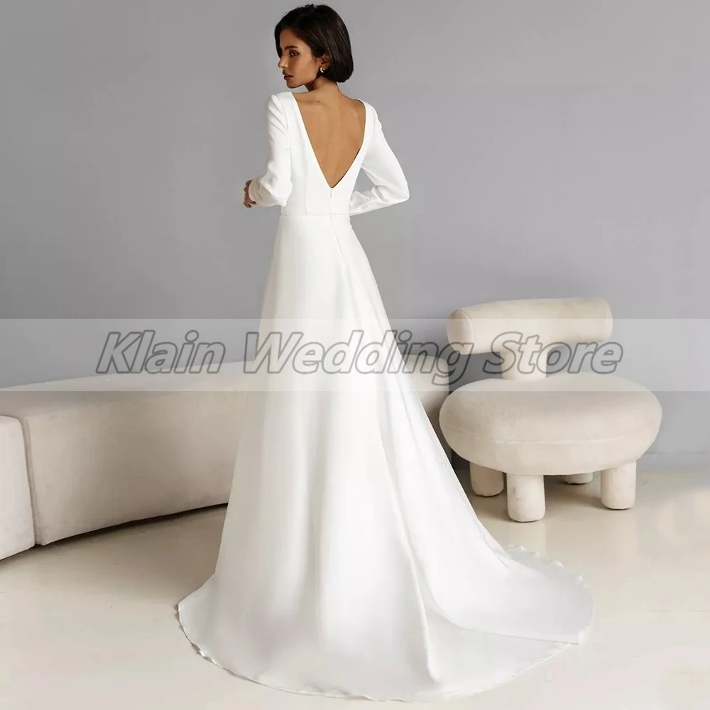 Vestido de novia sencillo personalizado hasta el suelo, corte en A, con fajas, Jersey, vestidos de novia sin espalda, cola de barrido, manga larga