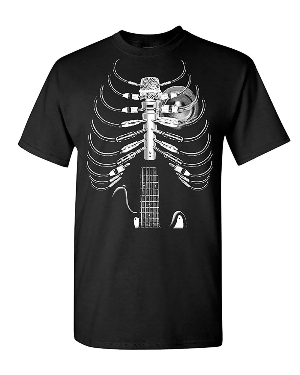 Lucky Ride Amped Up Music Guitar Shirt Guitar Amp Microphone T-Shirt Skeleton Rock Band Cotton Men Basic Tops Fitness T-Shirt