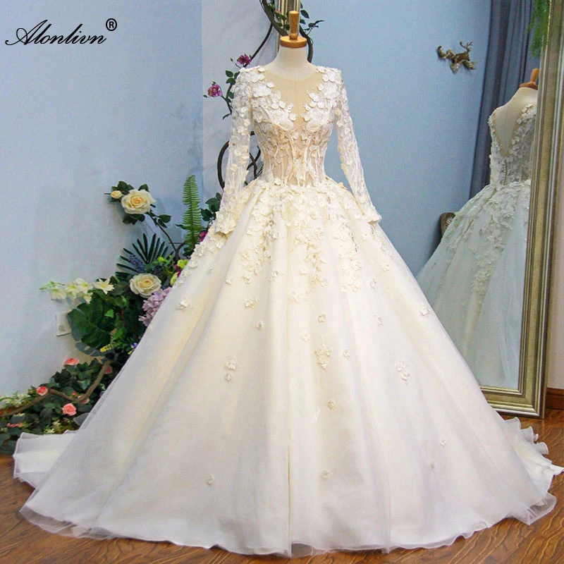 Alonlivn Luxury Embroidery Appliques Scoop Ball Gown Wedding Dress Beaded 3D Flowers Vintage Organza Full Sleeves Bridal Gowns