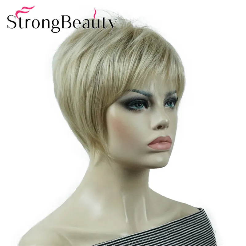 StrongBeauty Short Straight Synthetic Wigs Soft Hair Layered Shag Ombre Blonde Wig