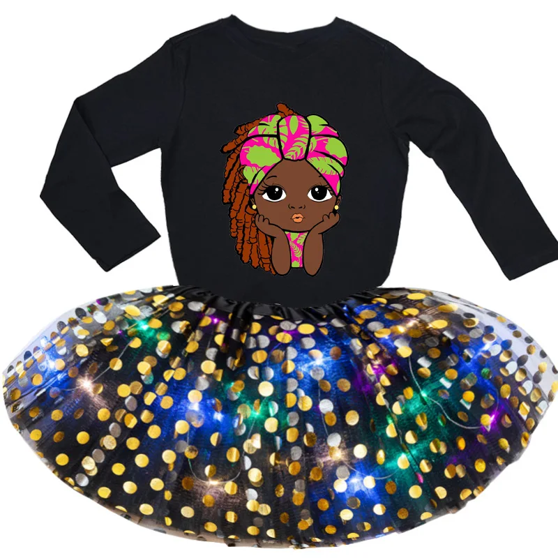 Toddler Baby Girls Dress Sets Cotton Party Casual Dress Clothes Black African Curly Hair Girl Long Sleeve T-shirt+Sequin Skirt