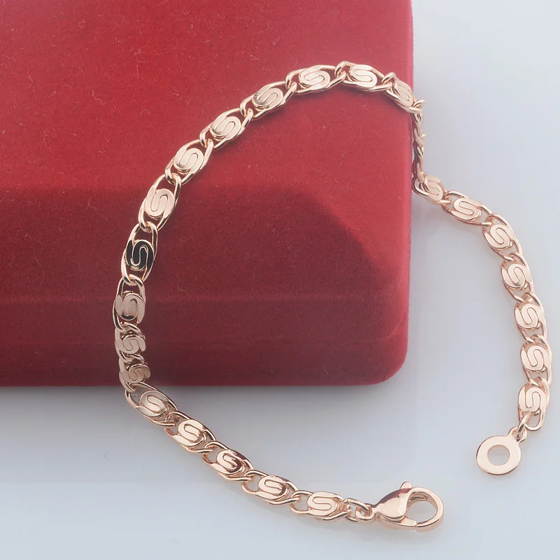 4mm Wide Women Men 585 Rose Gold Color Concave Snail Link Necklace Bracelet Set Jewelry(No Red Box)