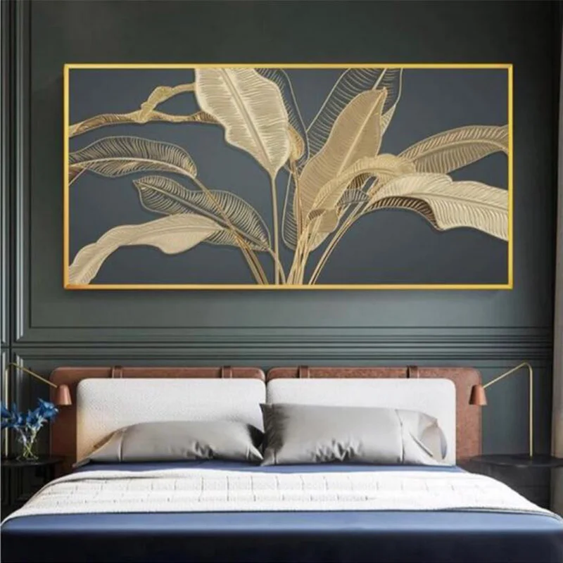 Abstract Golden Leaves Wall Art Oil Painting Printed on Canvas Big Size Decorative Pictures for Living Bedroom Home Decoration