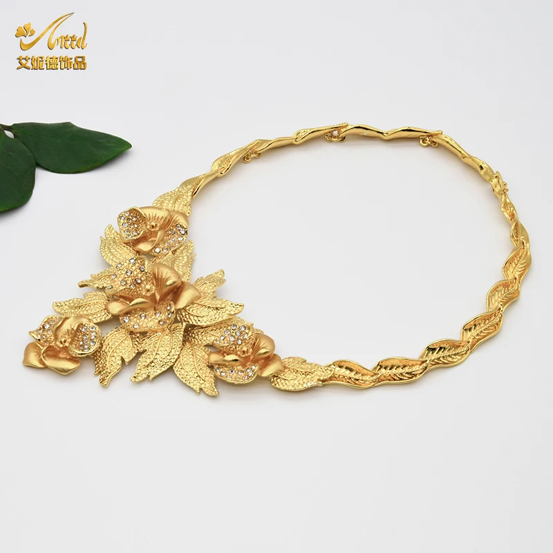 ANIID African Jewelery Sets Flower Earrings Choker Necklace Bracelet Hawaiian Indian Dubai Golden Jewelry For Women Accessories