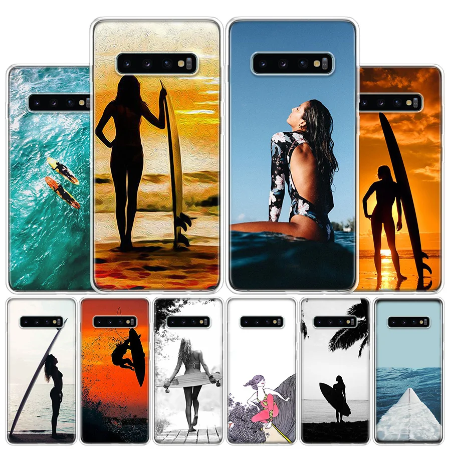 Surfboard surfing art surf Girl Phone Case For Samsung Galaxy S24 S23 S22 Ultra S21 S20 Fe S10 Plus S10E S9 S8 + Shell Coque