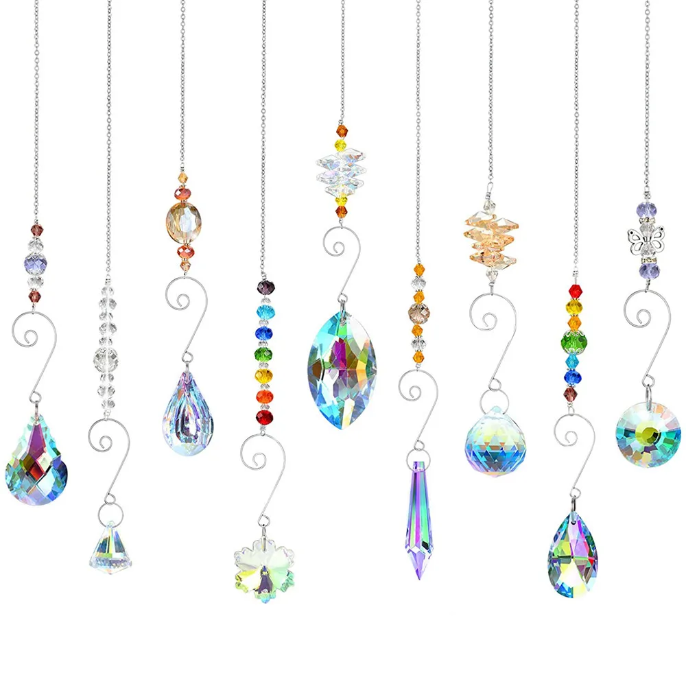 LEISI 9 Pieces Of Colorful Crystal Sun Catcher Hanging Suncatcher Beaded Chandelier Chain Lamp Pendant Crystal Glass Pendant Han