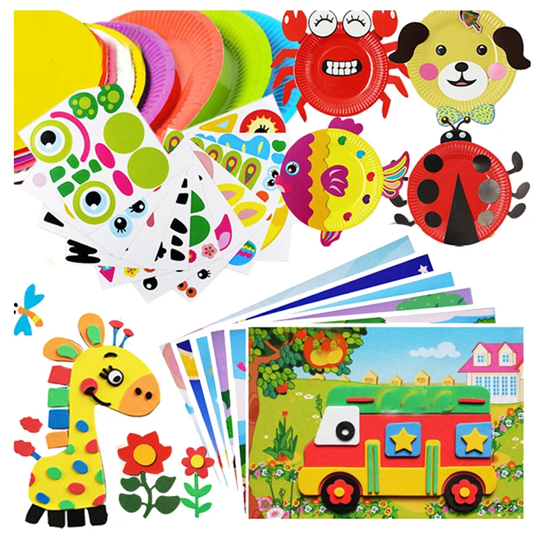 7Pcs Children 3D DIY Handmade Toys 2 Paper Plate Sticker Material 5 EVA Sticker Kids Kindergarten Art Craft Educational Toys GYH