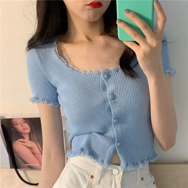 Short Sleeve T-shirts Women Slim Solid Lace O-neck Single Breasted Trendy Chic Sweet Lovely Ulzzang Simple Streetwear Knitted