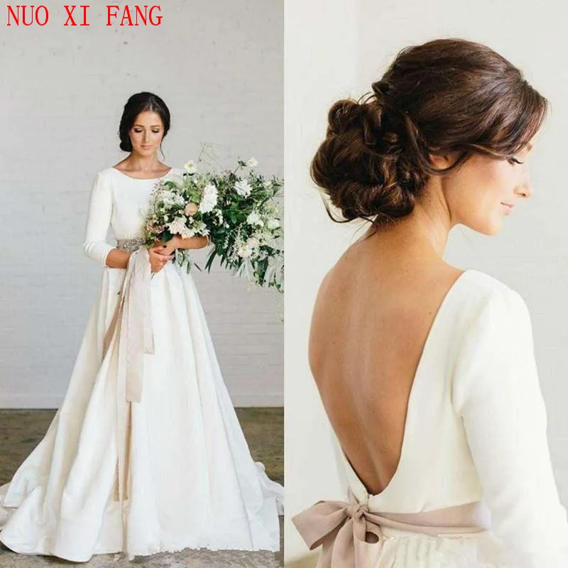 Country Bohemian Satin A-line Wedding Dresses Long Sleeves 2022 Blush Sash Princess Vintage Bridal Gowns Vestido De Noiva Cheap