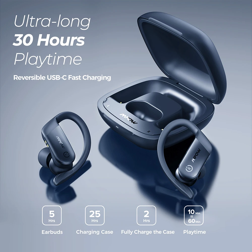 Mpow لهب لايت سماعات لاسلكية الرياضة بلوتوث سماعات مع باس زائد الصوت IPX7 مقاوم للماء التحكم باللمس الأذن سماعة أذن خطافية