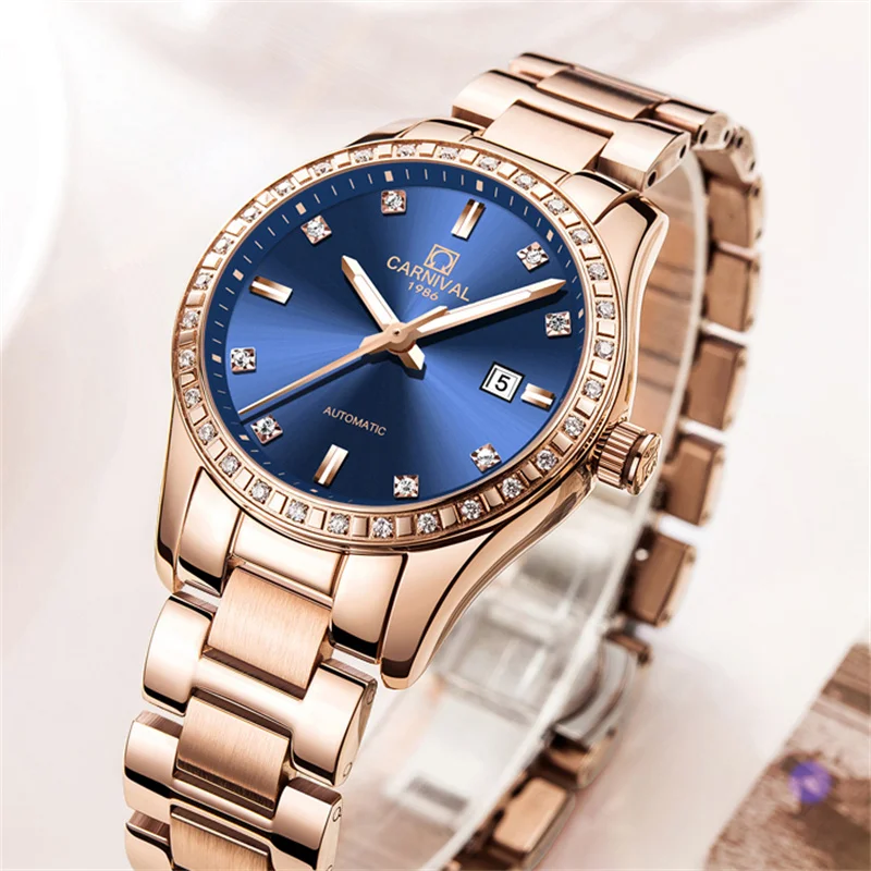 

CARNIVAL Brand New Luxury Rose Gold Blue Mechanical Watch for Women Stainless Steel Waterproof Calendar Fashion Womens Watches