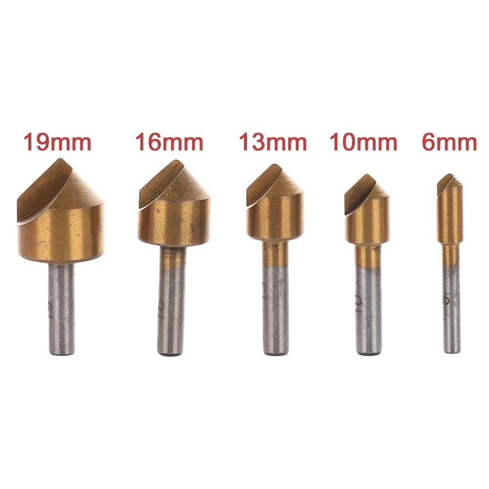 5pcs Metric 6mm 10mm 13mm 16mm 19mm Titanium Coated Countersinks Single Flute 90 Degree Chamfering Cutter Chamfer Drill Press