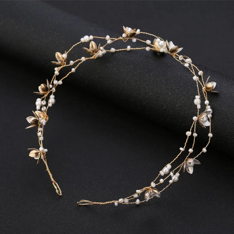 Vintage Braut Handgemachte Gold Perle Stirnband Blume Kopfschmuck Braut Mädchen Tiara Hochzeit Haar Zubehör Frauen Haar Schmuck