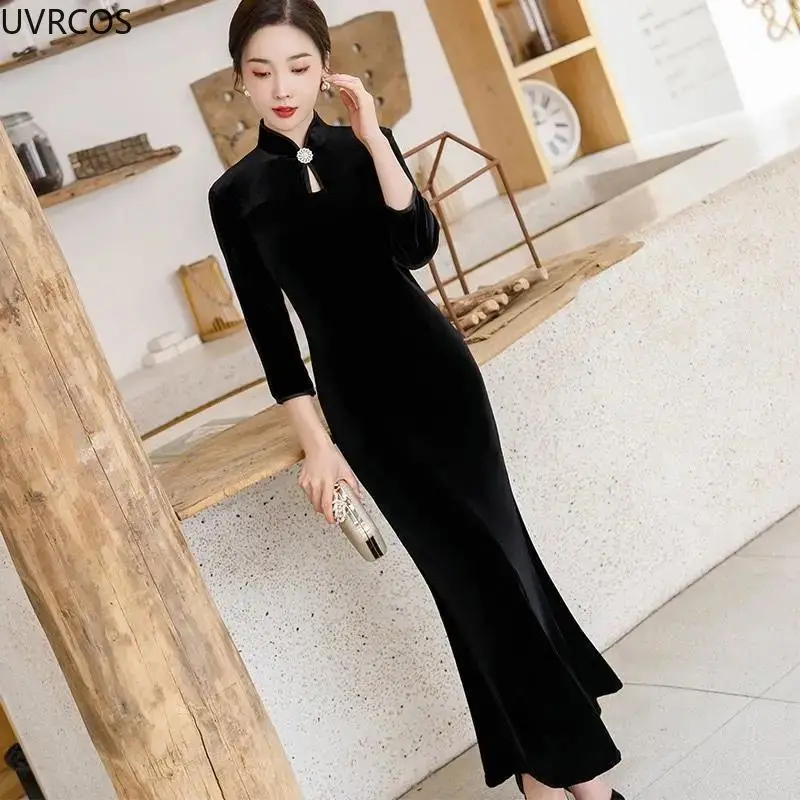 

Vintage Velvet Black Cheongsam Dress Women Autumn Harajuku Elegant Slim Qipao Dresses Traditional Chinese Clothing For Female