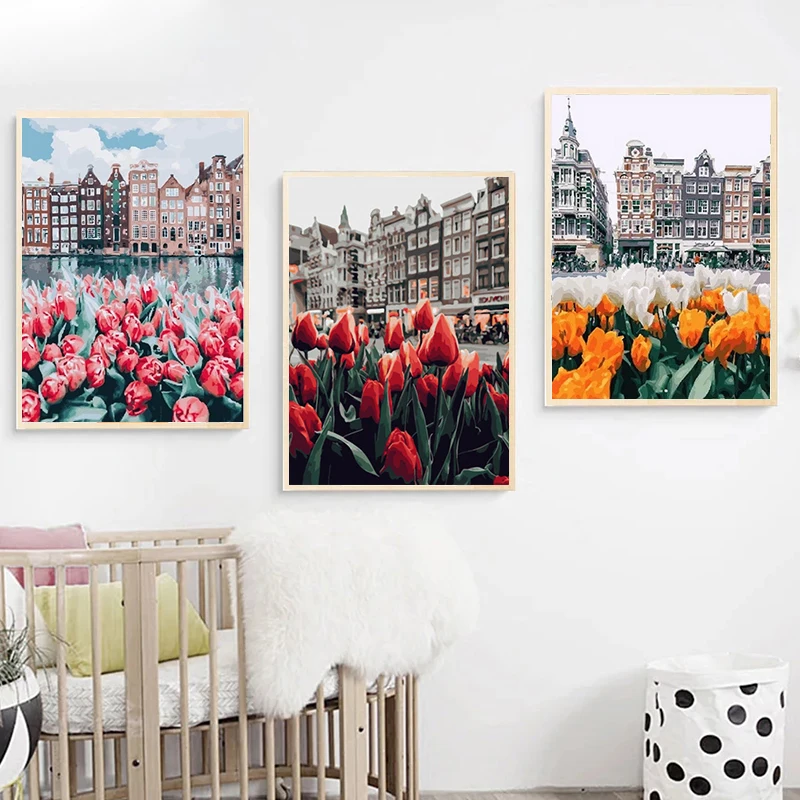 

RUOPOTY 3PC Frame Painting By Numbers Modern Home Wall Art Picture Flower Building Landscape Paint By Numbers For Home Decors