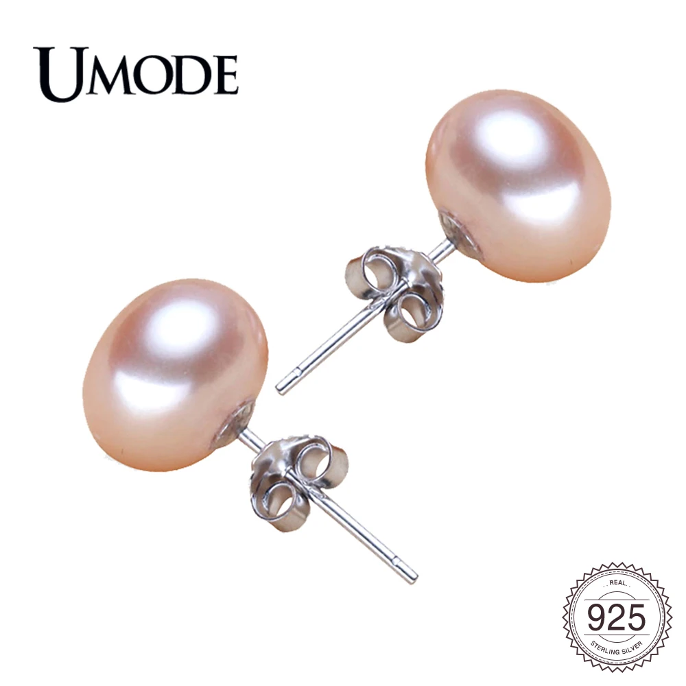 UMODE New 925 Sterling Silver Near Round Natural Pearl Stud Earrings for Women White Orange Purple Pearls  Jewelry Gifts UAE0003