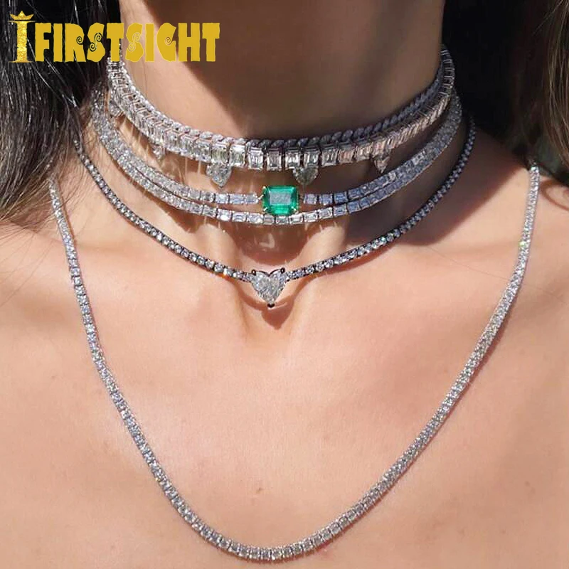 New Iced Out Bling 3mm Thin Tennis Chain Rainbow Colorful Red Green Blue White CZ Heart Gold Color Girl Choker Necklace