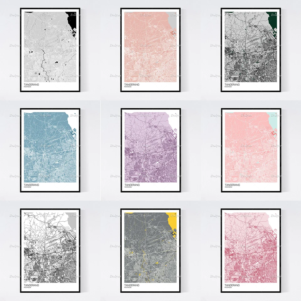 

Tangerang, Indonesia Map Nordic Retro Minimalism Painting Posters and Prints on Canvas Wall Art Modular Pictures Home Decor