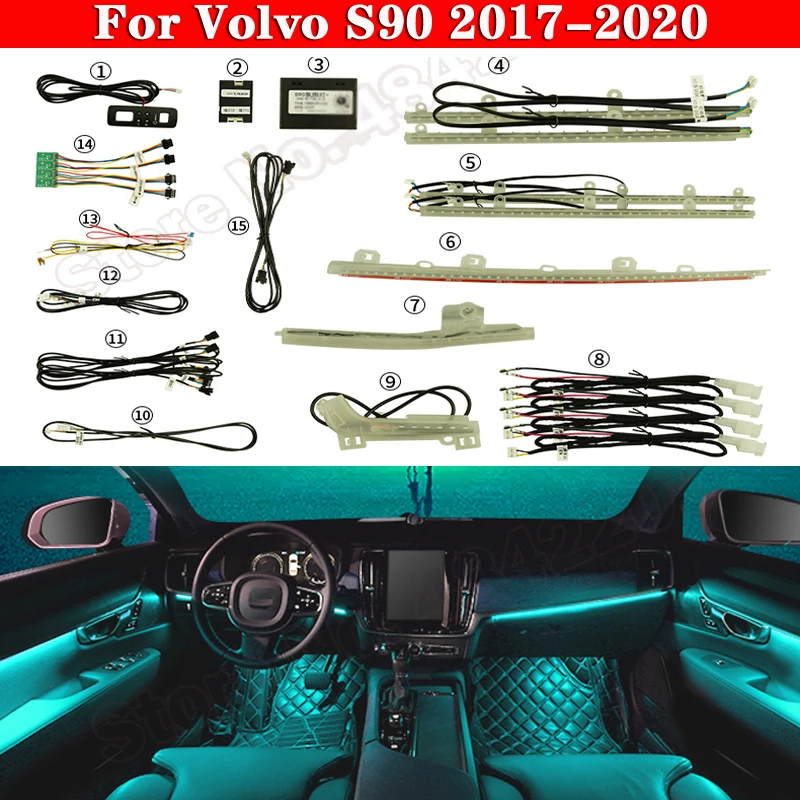 For Volvo S90 2017-2020 Car Ambient Light Set Button App Control Decorative LED 64 colors Atmosphere Lamp Auto illuminated Strip