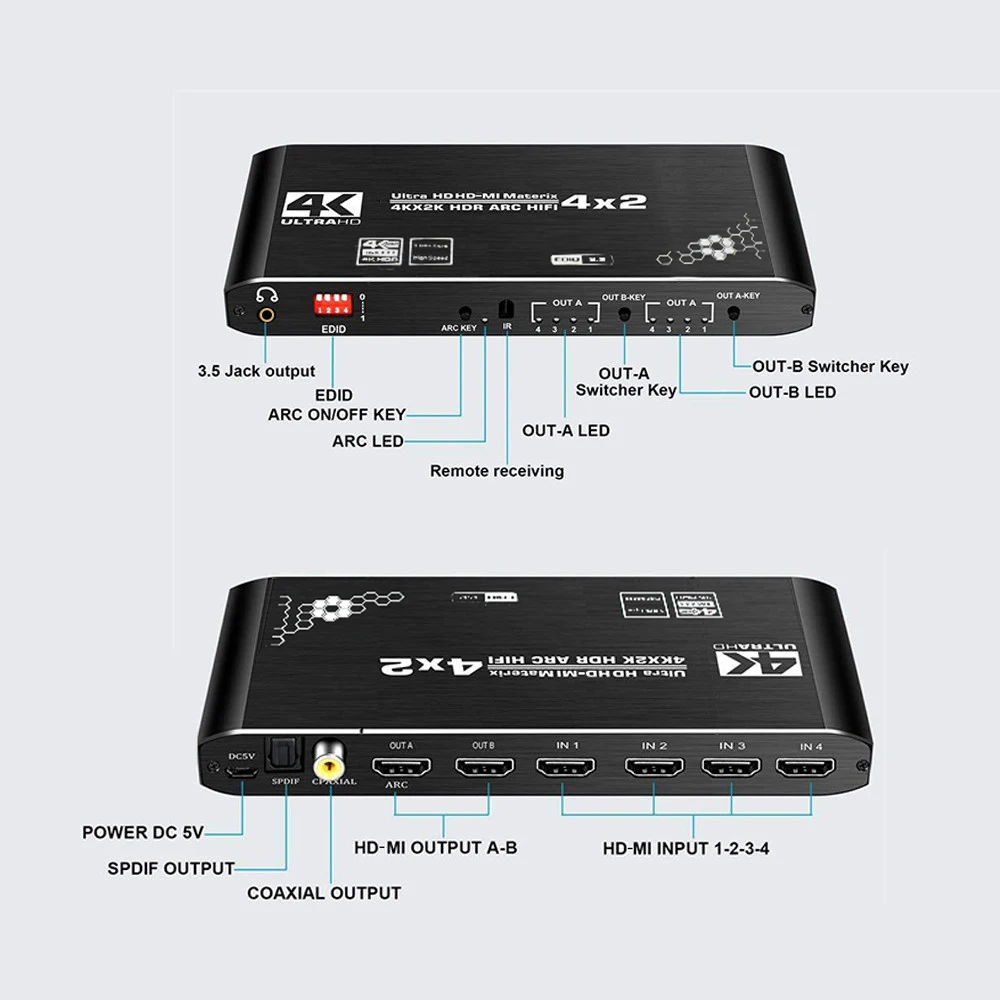 KuWFi HDMI 2.0 matryca 4x2 4K6 0Hz przełącznik Splitter HDCP2.2 EDID 4K x 2K HDR ARC HIFI HDMI przełącznik SPDIF COAX 3.5mm Stereo Audio