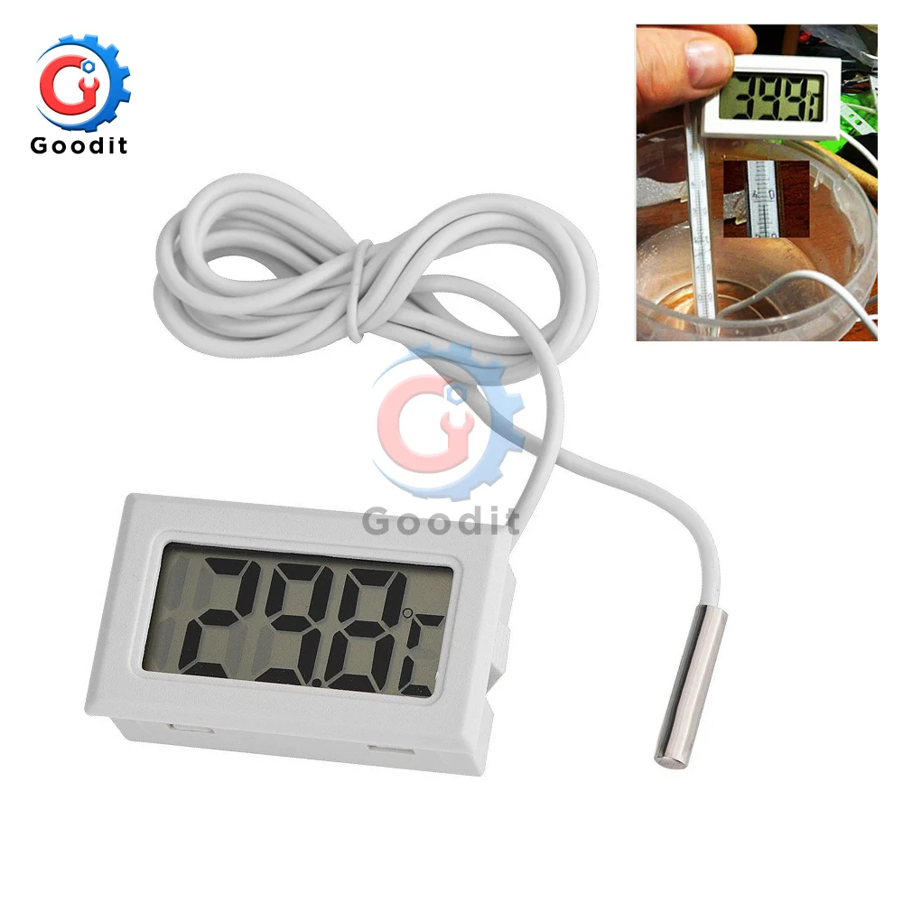 Mini LCD Digital Thermometer Fridge Thermometer indoor outdoor Probe 1M  -50~110 ℃ Refrigerator for Freezer Temperature White