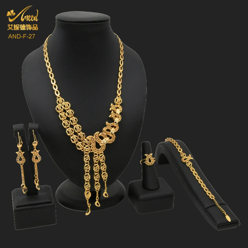 

Luxury Dubai Gold Color Wedding Jewelry Set Copper African Nigerian Necklace Bracelet Earring Set Ethiopian Jewelery