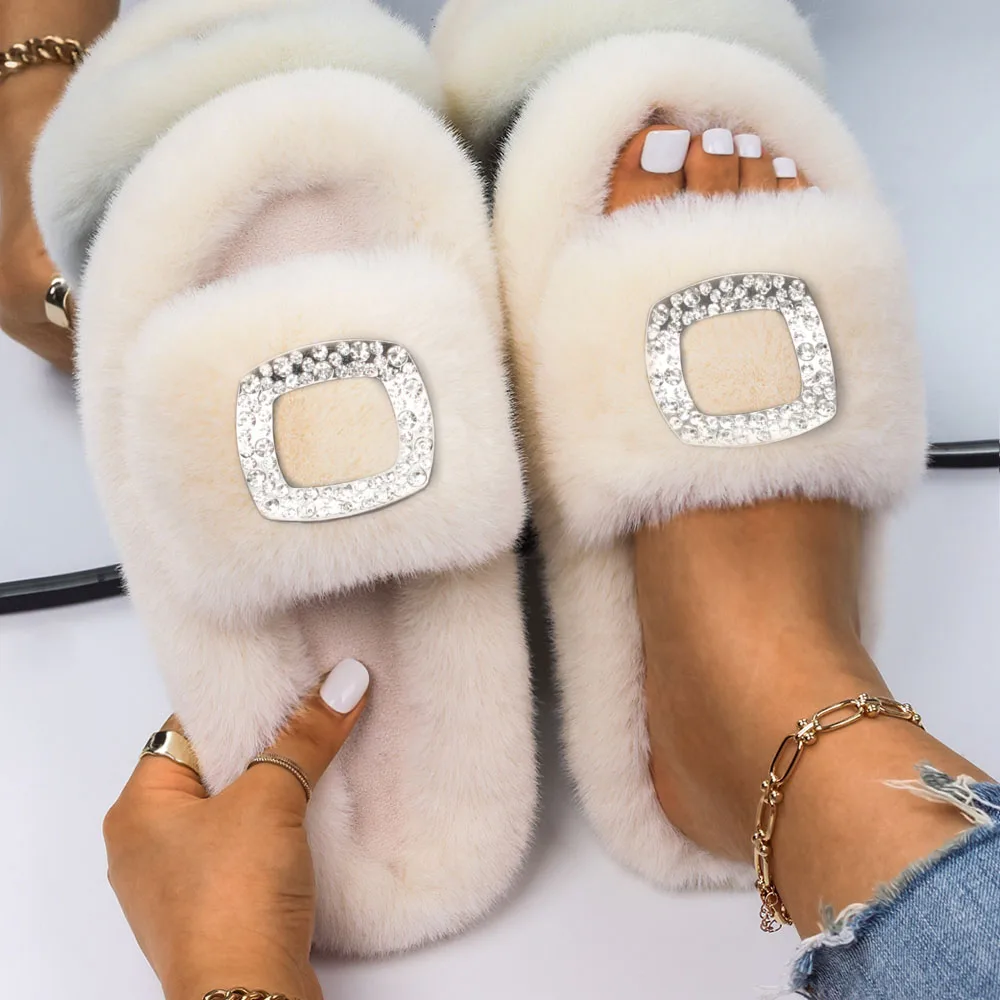 Women's Fur Slippers Fashion Rhinestone Square Buckle Furry Slides Designer Sandals Ladies Luxury Outdoor Slipper Platform Shoes