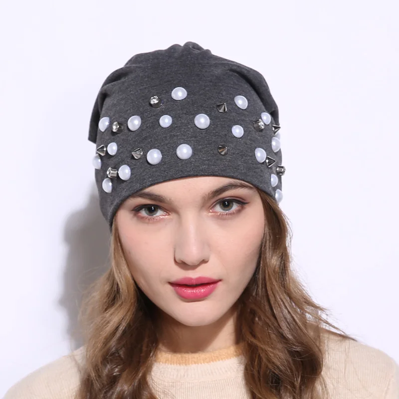 GZHILOVINGL Brand 2020 casual Pearl Diamond Hat Women Knit Slouchy Beanie Girls Bonnet Skull Baggy Cotton Hats Gorro Spring hats