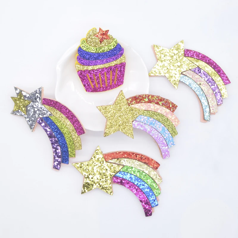 10Pcs Kawaii Glitter Cake Meteor Rainbow Applique for DIY Clothes Hat Sticker Headwear Hair Clips Bow Decor Accessories Patches