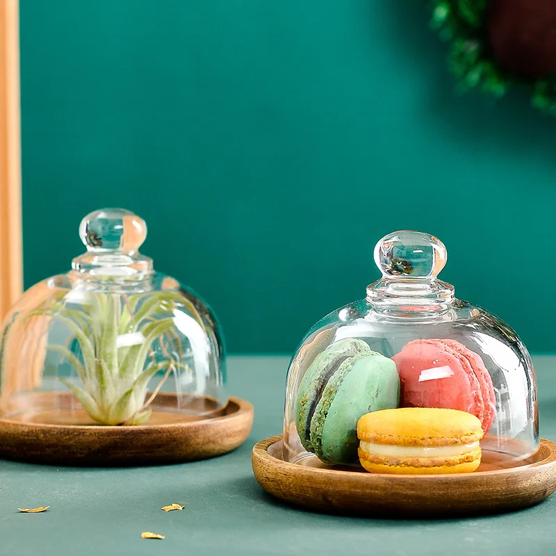 Mini Wooden Dessert Plate With Glass Dome Cake Serving Tray Macarons Display Stand Platter Cupcake Stand With Cover Snack Plates