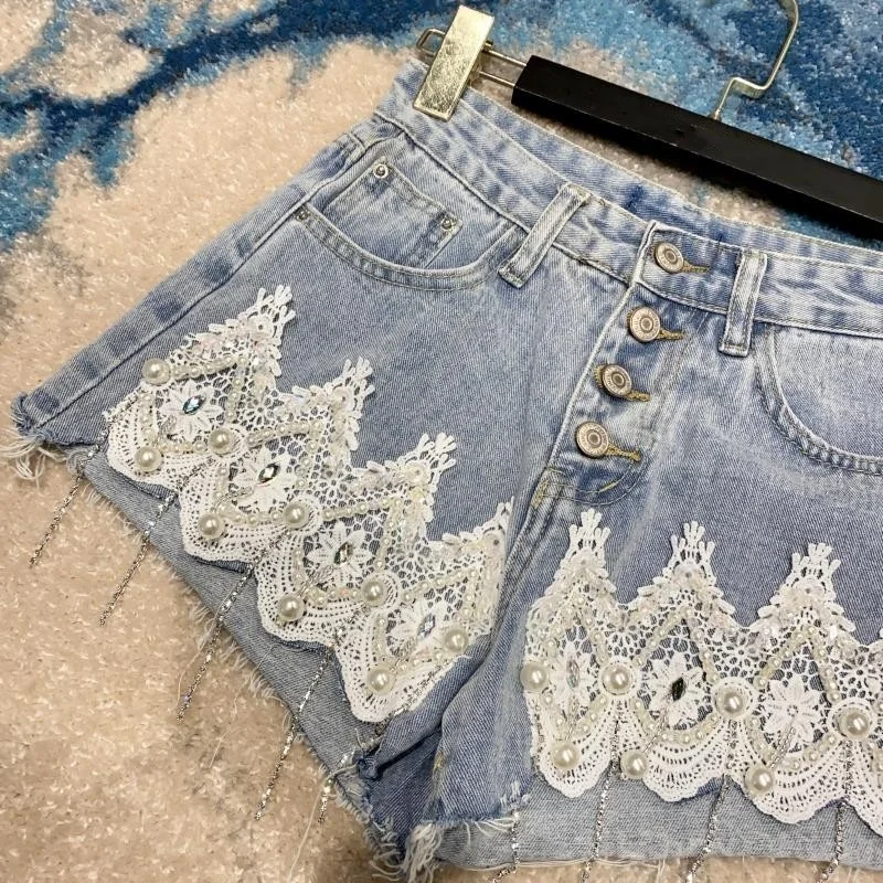 Vintage Design Short Jeans Lace Pearls Diamonds Sexy Push Up Hotpants High Street Single Breasted Beading Tassel Denim Shorts