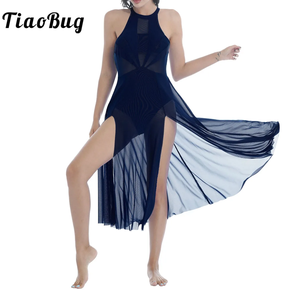 Feminino adulto vestido de dança lírica sem mangas ilusão malha divisão flowy ballet collant saia dancewear