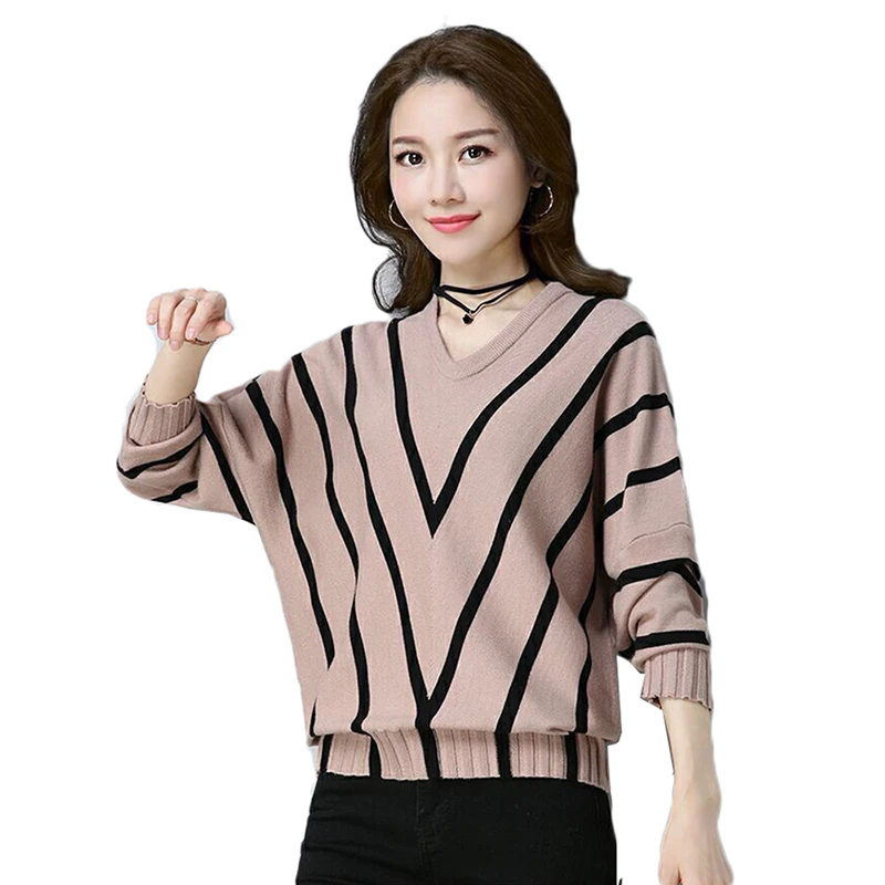 Spring Autumn New Bat Sweater Women's Pullover Loose Korean Striped Blouse Female Knit Sweater Long Sleeve Jumper Full Femme Q32