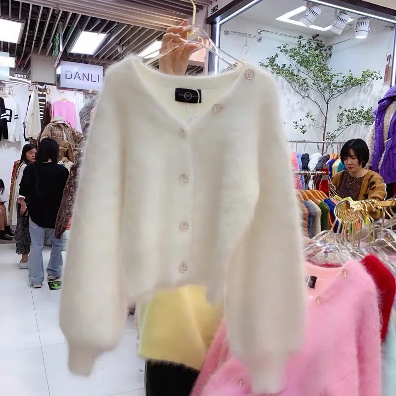 JSXDHK Candy Color Mink Cashmere Pink Cardigan New Korean Autumn Winter Thick Soft Single Breasted Knitting Loose Sweater Coat