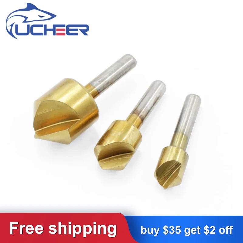 UCHEER 5pcs Single Flute Titanium 90 Degree Countersink Drill Bit 6mm-19mm High Carbon Steel Coated Edge Wood Chamfer