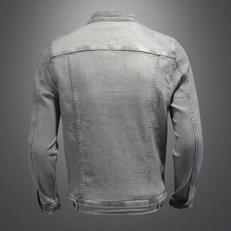 Men Moto Biker Streetwear Denim Jackets Men Vintage Grey Bomber Jacket Outwear Male Casual Cotton Stand Collar Denim Coats