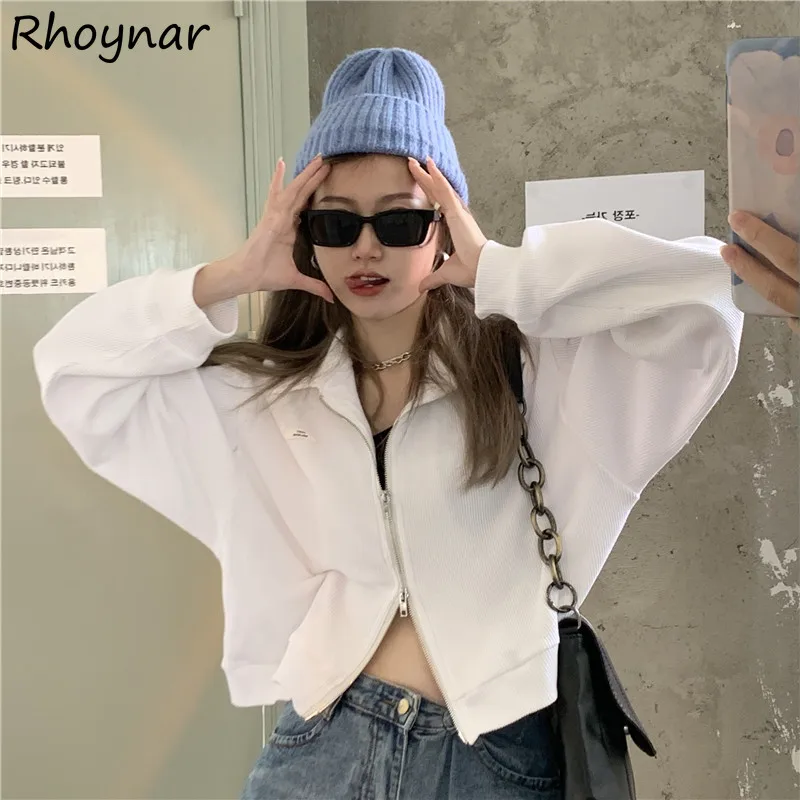 

Sweatshirts Women Zip-up Cropped Full Sleeve Spring All Match Female American Style Solid Simple Streetwear Preppy Loose Chic