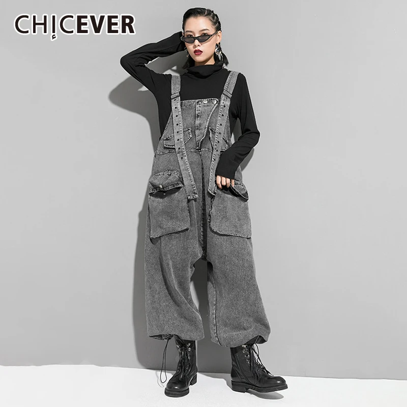 CHICEVER Casual Denim Jumpsuits For Women Overalls Square Collar Sleeveless Designer Black Full Length Pant Female 2024 Clothing