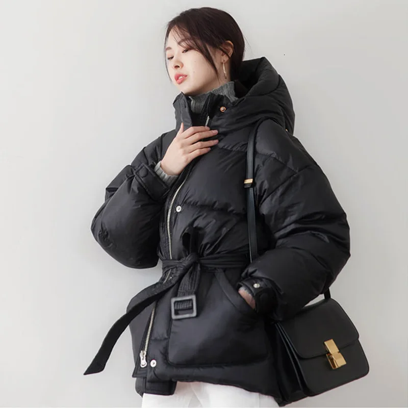 2022 Black Women\'s Fashion Down Parka Winter Jacket Simple Cuff Design Windproof Warm Female High Quality Coats With Belt YRF75