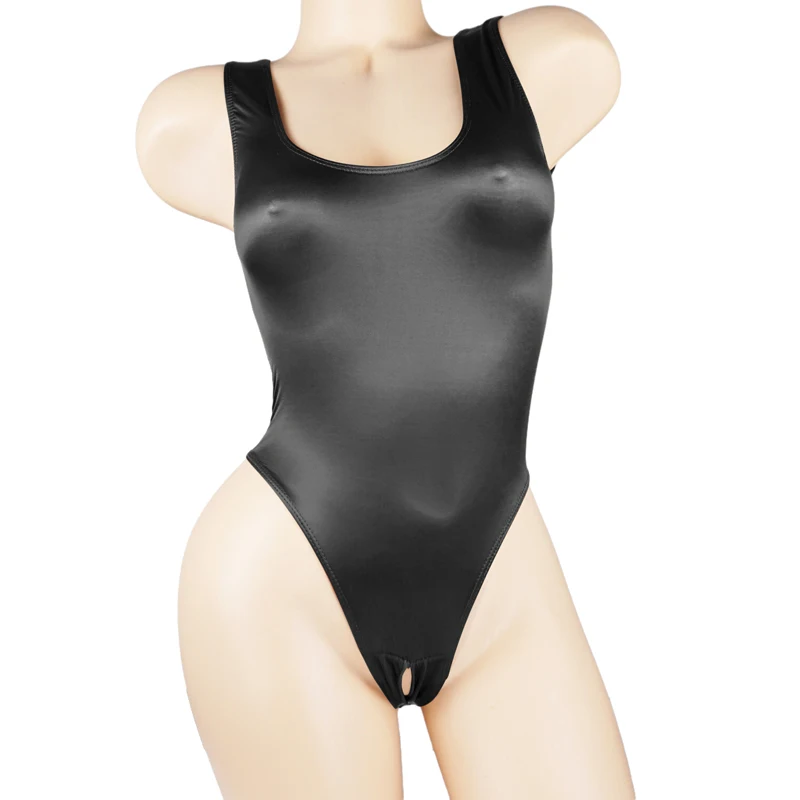 Satin Glossy Leotards One Piece Swimsuit Sexy High-Cut Open Crotch Bikini Thong Bodysuit Women Glitter Shiny Bathing Plus Size