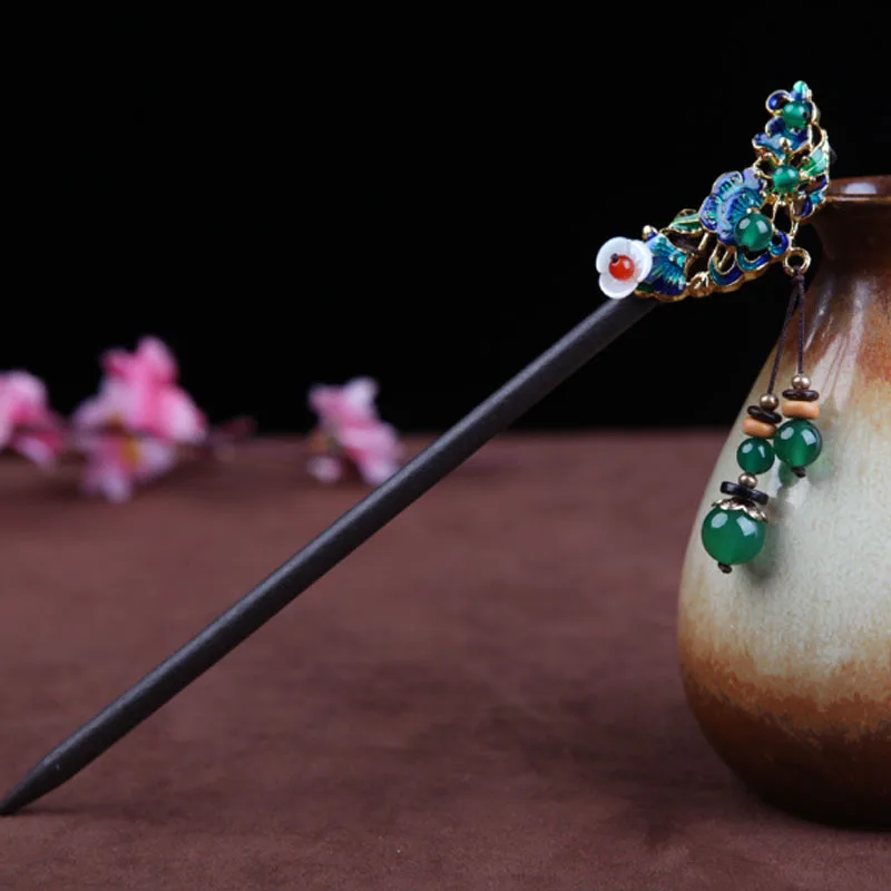 

Handmade Kanzashi Natural Wood Cloisonne Shell Colorful Glass Fan Shaped Classic Yukata Kimono Hanfu Outfit HS033