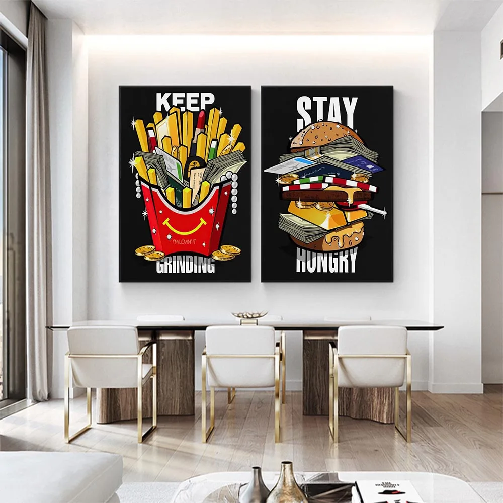 Continue To Sharpen and Keep Hungry Canvas Painting Wall Art Print Posters Cartoon Burger Modern Picture Living Room Home Decor