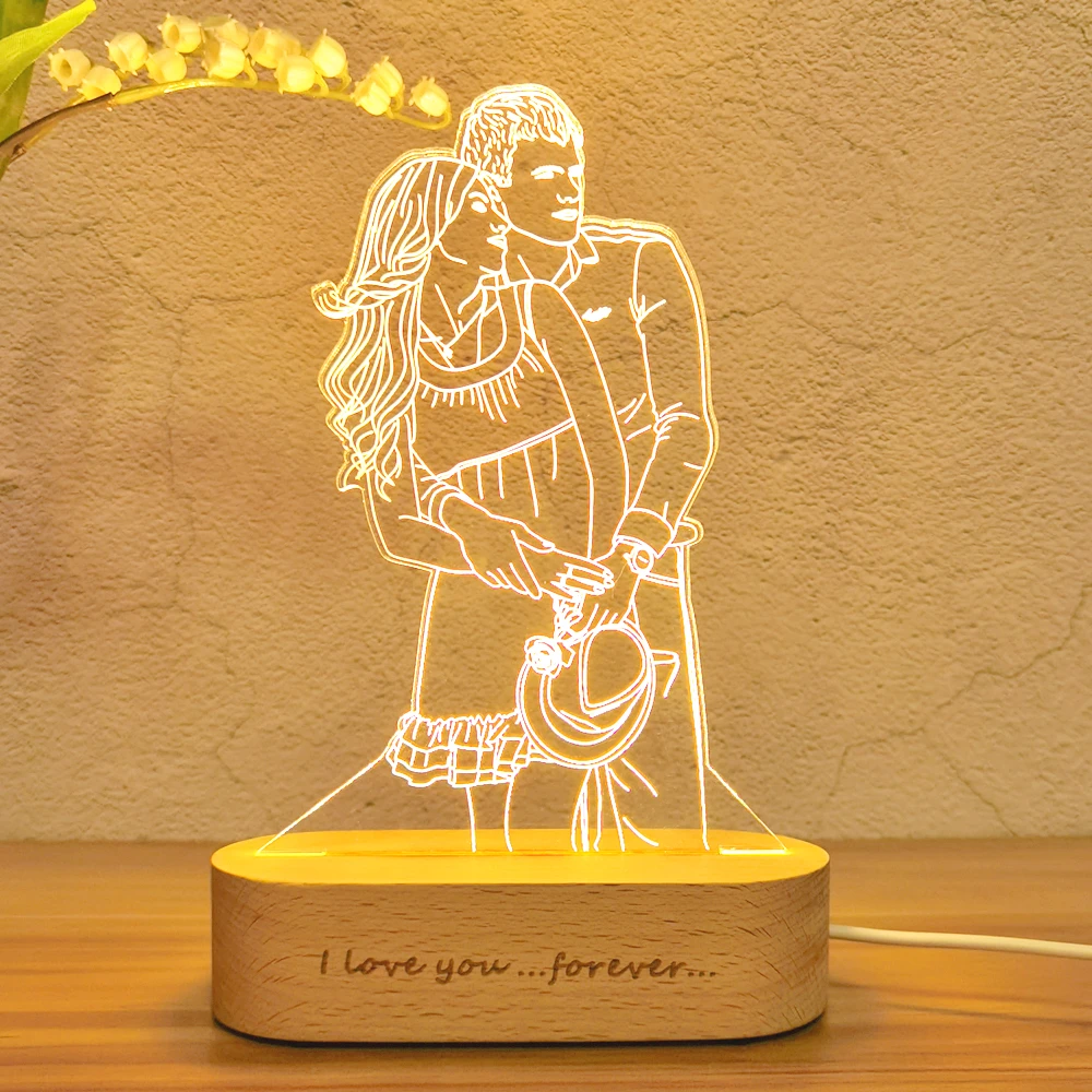 Foto personalizada 3D luz de noche dormitorio al lado lámpara Base de madera colorida lámpara de noche boda Navidad Año nuevo regalo Luz de